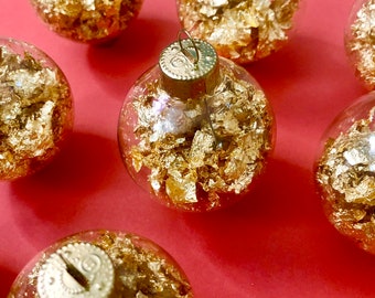 SET OF 12 Gold Leaf Filled 2” Glass Ornaments - Glitz and Glam Holiday Decor - NYE Decoration