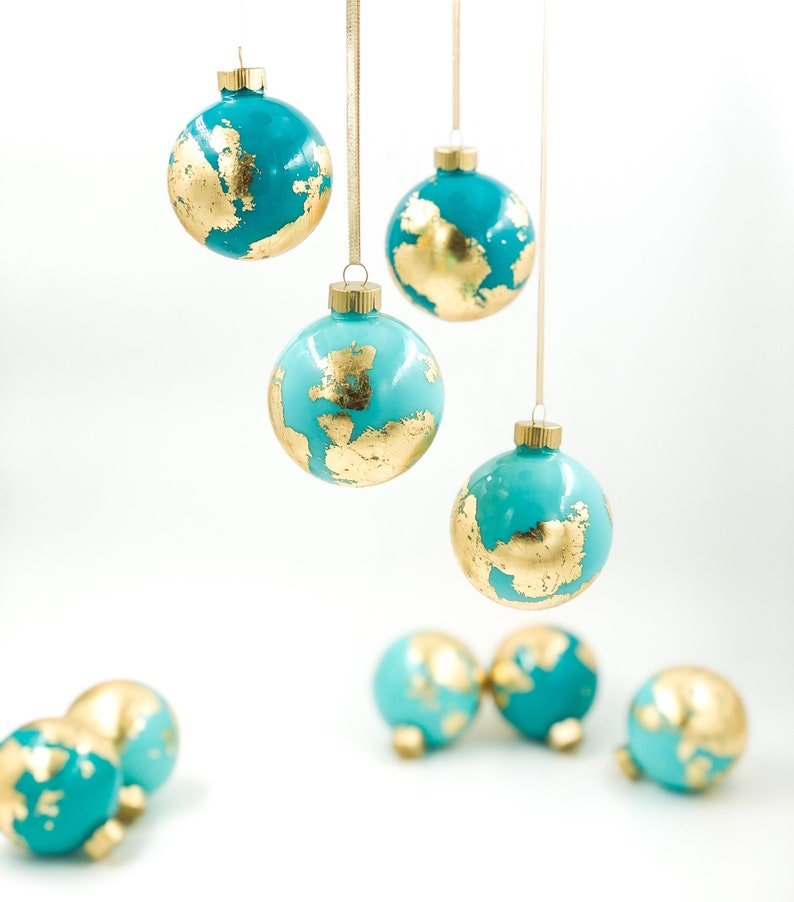 Globe Inspired Gold Leaf Ornament Mediterranean Blue teal image 4