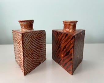 Set of 2 Triangular Vases, Unique Studio Art Pottery