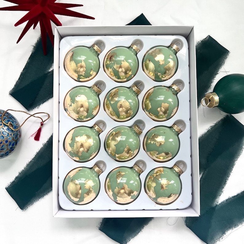 SET OF 12 Globe Inspired Christmas Ornaments Sage Green