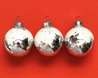 SET OF 12 Christmas Ornaments - Winter White with Silver Leaf Accents
