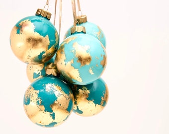 Globe Inspired Gold Leaf Ornament - Pacific Coast Blue (aqua)