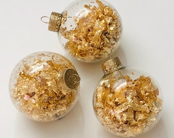 New Year&#39;s Gold Leaf Ornament, NYE Decor, Sparkly Golden Confetti Christmas Tree Bauble, New Year&#39;s Eve
