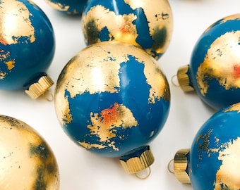 Globe Inspired Gold Leaf Ornament - Ocean Blue