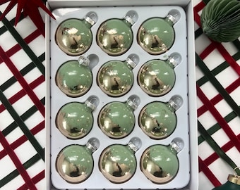 SET OF 12 Christmas Ornaments - Sage Green with Gold Leaf “Dipped” Accents