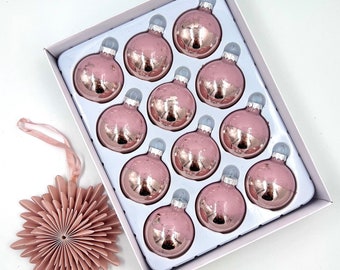 SET OF 12 Christmas Ornaments - Mauve with Rose Gold Leaf Accent