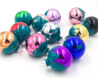 SET OF 12 Teal Christmas Ornaments with Multicolored Metallic Foil - Colorful 2" Glass Balls