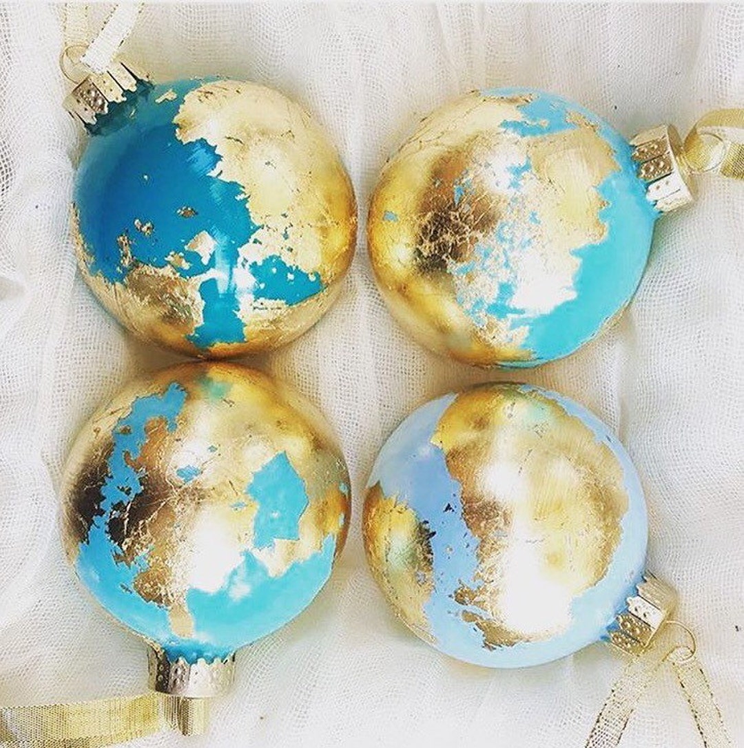 Globe Inspired Gold Leaf Ornament Mediterranean Blue teal 
