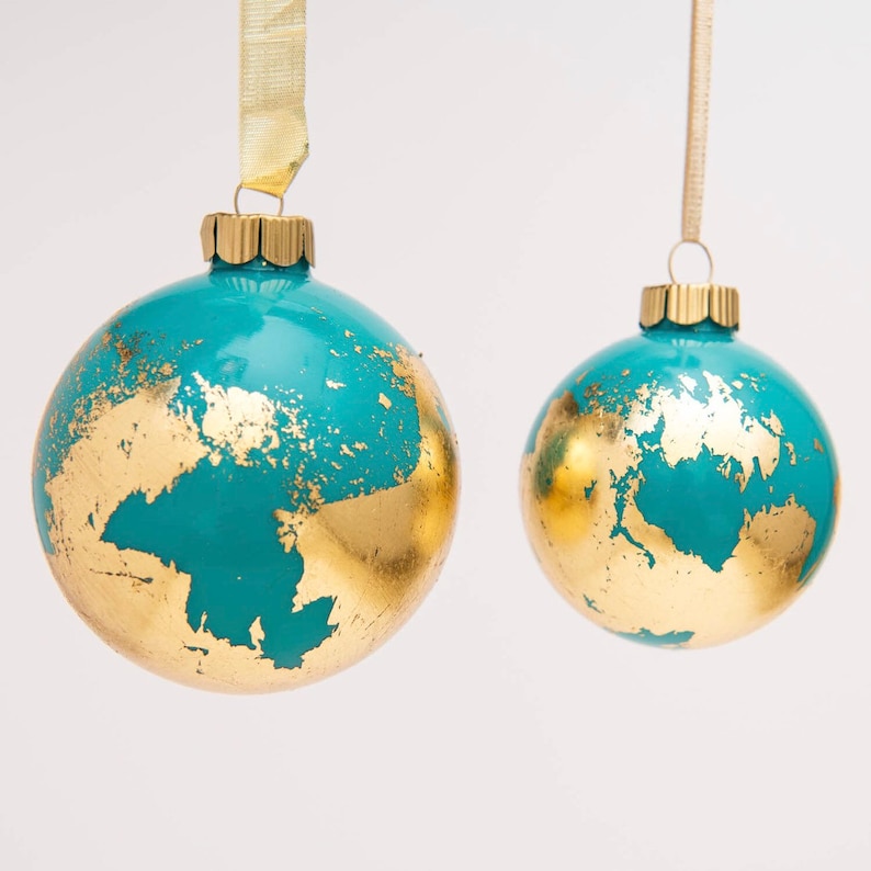 Globe Inspired Gold Leaf Ornament Mediterranean Blue teal image 3