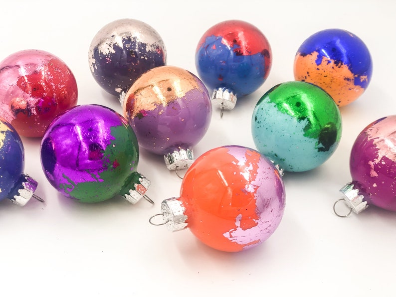 SET OF 12 Multicolored Gold Leaf Christmas Ornaments Colorful Metallic 2 Glass Balls image 3