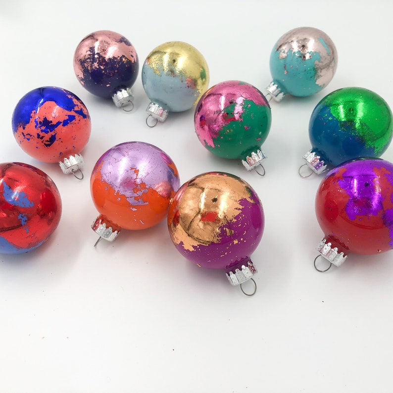 SET OF 12 Multicolored Gold Leaf Christmas Ornaments Colorful Metallic 2 Glass Balls image 4