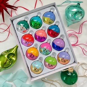 SET OF 12 Multicolored Gold Leaf Christmas Ornaments Colorful Metallic 2 Glass Balls image 2