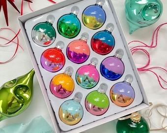 SET OF 12 Rainbow Metallic Christmas Ornaments - Colorful Accented 2" Glass Balls