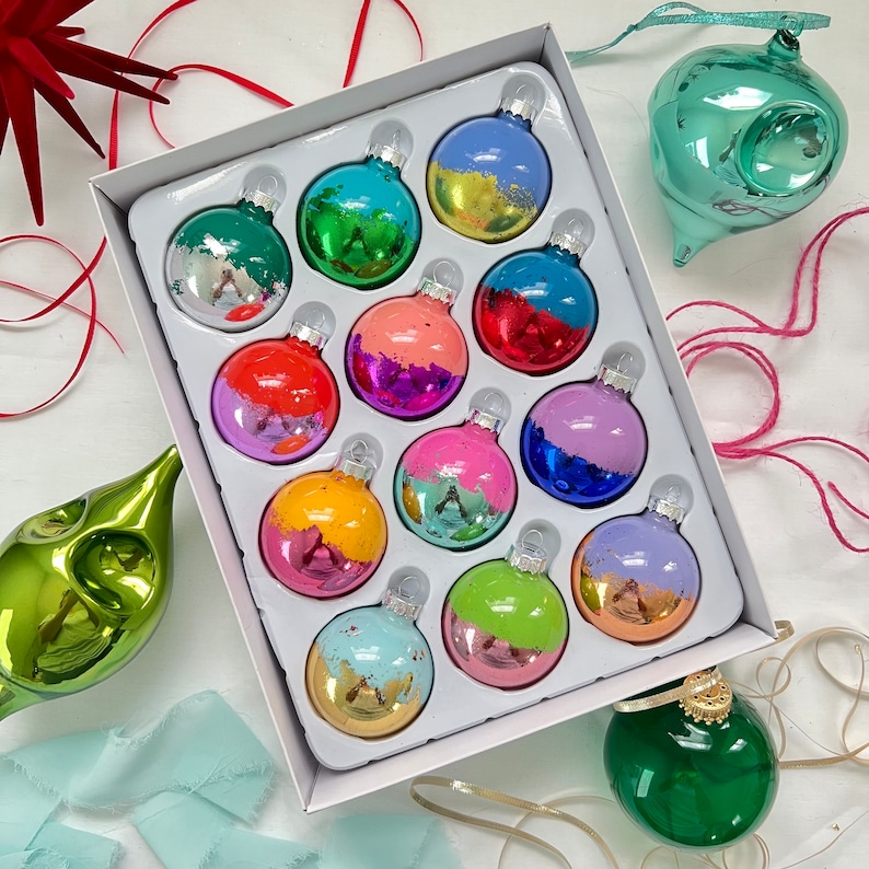 SET OF 12 Multicolored Gold Leaf Christmas Ornaments Colorful Metallic 2 Glass Balls image 2