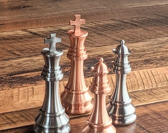 King and Queen Chess Pieces in Solid Copper, Brass, Steel, or Aluminum