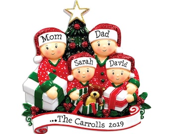 4 Family Personalized Christmas Gifts Ornament, Pajama Family, Christmas Gift Boxes, Name Personalized Decor