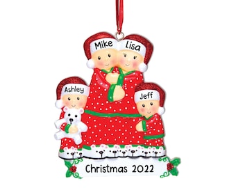 Adorno navideño personalizado para 4 familias / Adorno familiar en pijama / Adorno navideño familiar de 4