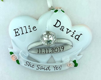 Engagement Ring Personalized Ornament, She Said Yes! Couple Ornament, Hand Personalized, 2021