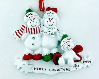 3 Snowman Family Personalized Christmas Ornament, Name Personalized Decor, 2024, Hanging Accents, Family of 2-3-4-5