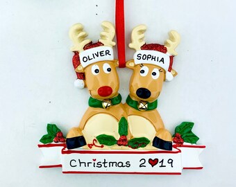 Adorno navideño personalizado de pareja de renos, adorno personalizado a mano para pareja, regalo de Año Nuevo 2023, decoración personalizada con nombre