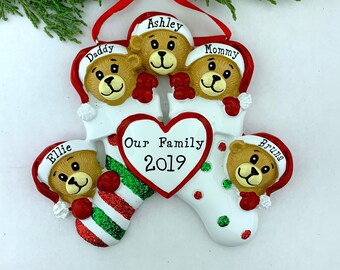 5 Bears Family Clinging To Stocking, Personalized Christmas Ornament, Personalized Family of Five Ornament, 2024 New year Gift