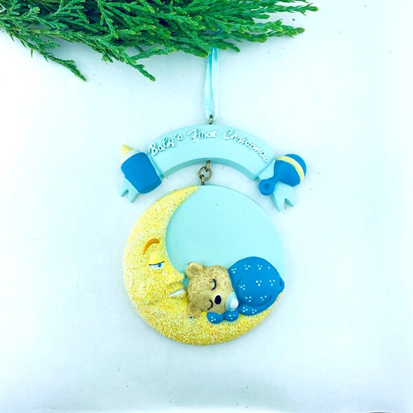 Baby bear sleeping on crescent, Babyboy, Personalized Christmas Ornaments for baby, Hand Personalized, Newborn Baby, Name Personalized Gift