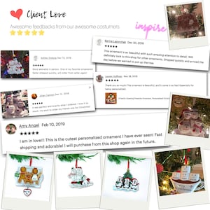 May include: A collage of customer reviews for personalized Christmas ornaments. The reviews are positive and highlight the quality, speed of shipping, and cuteness of the ornaments. The ornaments feature various designs, including a family of snowmen, a family of gingerbread people, and a family of marshmallows.
