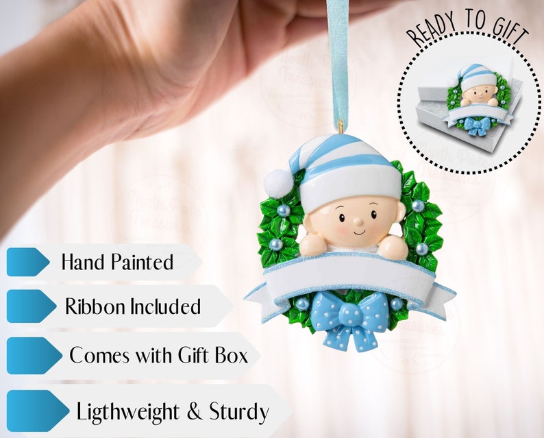May include: Hand-painted Christmas ornament featuring a baby wearing a blue and white striped hat peeking out of a green holly wreath with a blue bow. The ornament comes with a ribbon and a gift box. "Ready to Gift" is written in a circle around the ornament.