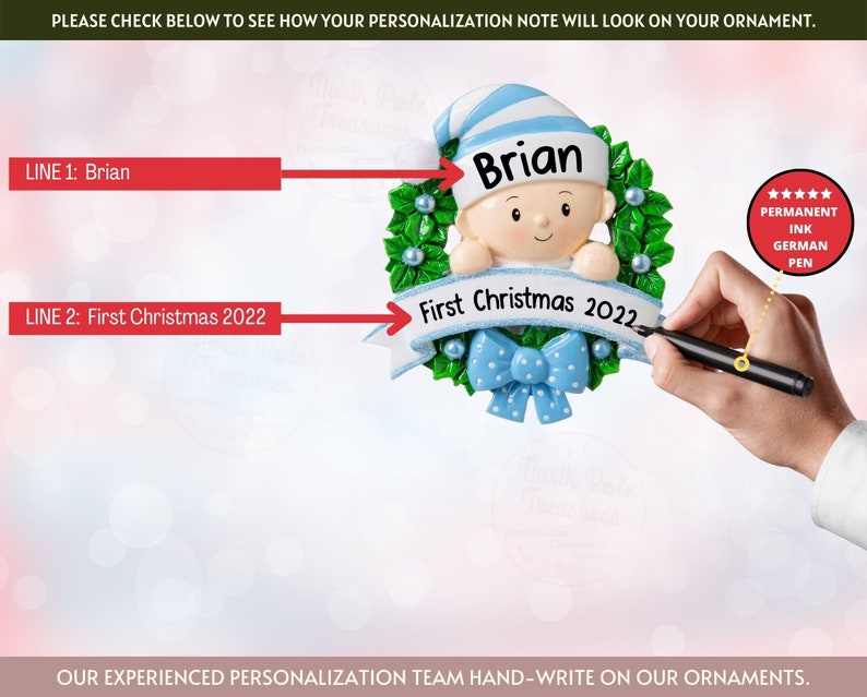 May include: A blue and white baby ornament with a wreath and a ribbon. The ornament says "Brian" and "First Christmas 2022".