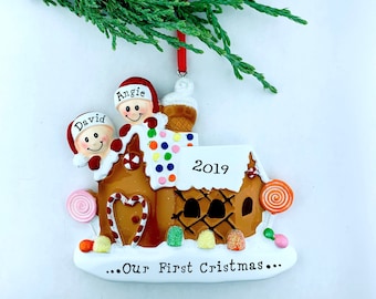 Personalized Gingerbread House Couple Ornament, Personalized Christmas Ornament, Two Elves Couple, Name Personalized Decor