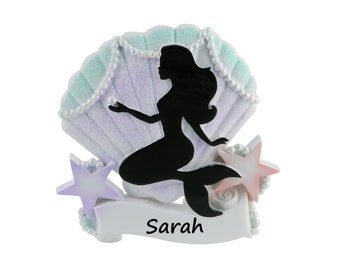 Mermaid Silhouette Personalized Christmas Ornament, Hanging Christmas Tree Ornament with Ribbon