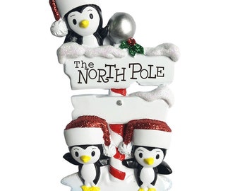 North Pole Penguin Family of 3 Personalized Christmas Ornament, Personalized Family Ornament, 2023 Ornament