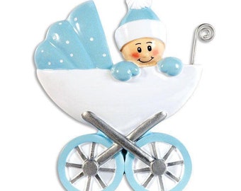 Baby Boy in a Carriage Christmas Ornament, Baby's First Christmas, Personalized Blue Christmas Ornaments for kids, babies, parents, couples,