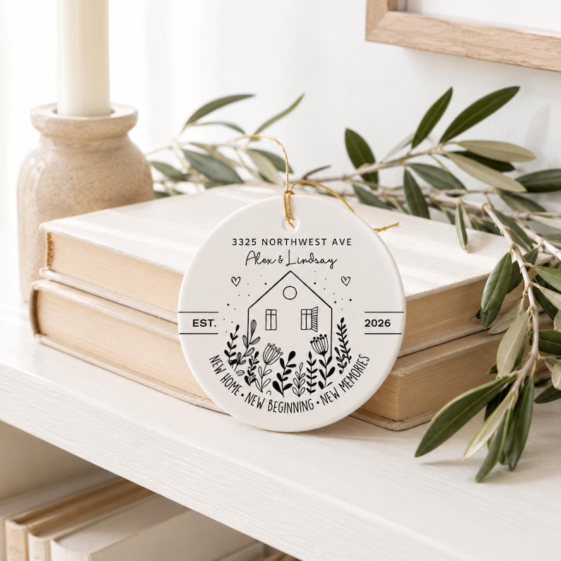 May include: A round white ceramic ornament featuring black line art of a house surrounded by flowers. The text reads 3325 NORTHWEST AVE, Alex & Lindsay, EST. 2026, and NEW HOME NEW BEGINNING NEW MEMORIES. It hangs from a thin gold string.