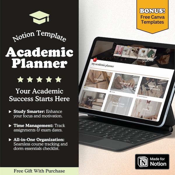 Academic Digital Planner, College Notion Template, All in One Student Notion Dashboard, Assignment Study Tracker, Digital School Journal