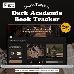 Diario di lettura del modello Notion, Tracker dei libri di Dark Academia, Dashboard di Bookish Notion, Planner digitale TBR per lettori, Biblioteca digitale