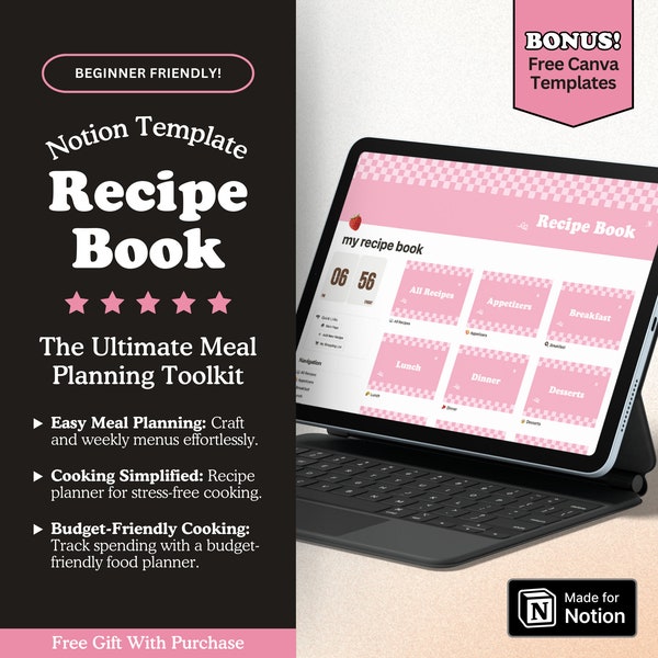 Recipe Book Notion Template, Meal Prep Notion Dashboard, Kitchen Organizer, Weekly Cooking Budget, Aesthetic Meal Planner