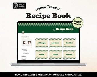 Recipe Book Notion Template: Meal Planner, Grocery List (Digital Download)