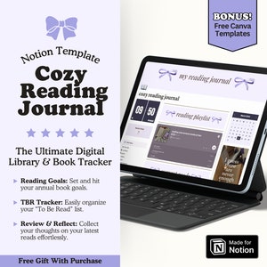 Modello di nozione di Book Tracker, diario di lettura con fiocco viola Coquette, dashboard di nozione di scaffale digitale, registro TBR tutto in uno
