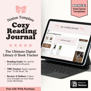 Modello Notion per il monitoraggio dei libri, diario di lettura con fiocco rosa Coquette, dashboard Notion per la libreria digitale, registro TBR tutto in uno