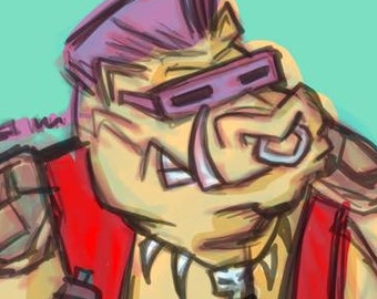 May include: A cartoon illustration of a character with a pig snout, wearing a red vest, black pants, and a purple mohawk. The character has a large nose ring and is holding a small object in their right hand.