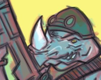 May include: A blue rhino character wearing a brown and green military-style outfit, holding a large black gun. The character has a yellow eye and is wearing a brown hat with goggles.