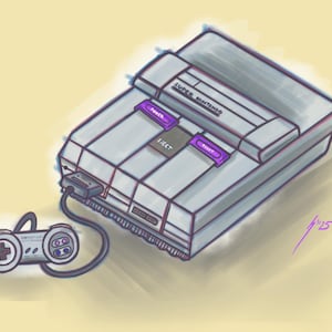 May include: A gray Super Nintendo Entertainment System (SNES) console with a gray controller. The console has a purple power button and a purple eject button. The text "SUPER NINTENDO" is printed on the console.