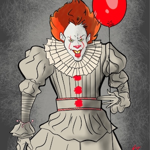 Puede incluir: Una ilustración de dibujos animados de Pennywise el payaso danzante de la película IT. Lleva un traje de payaso blanco y rojo con un cuello con volantes y un globo rojo. Tiene una sonrisa amenazante y cabello rojo.