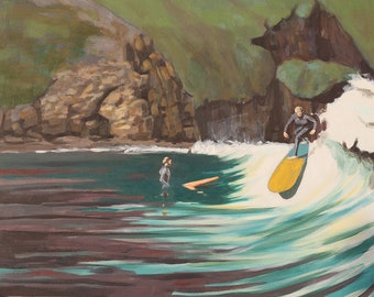 Surfing inspired beach Cornwall art Gicleé print - surf painting  - surf art - surfers and waves