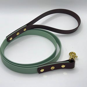 May include: A two-toned dog lead featuring a long sage green strap and a dark plum handle section. The lead is secured with gold-toned metal rivets and includes a gold-toned metal swivel snap hook at the end for attachment purposes.