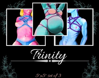 Erotic Art, -'Trinity Set RB01, KV01, KM03' -5"x5" prints, Surreal, Nude, Mature, breasts, bust, BDSM, BDSM art, Shibari art, Value pack