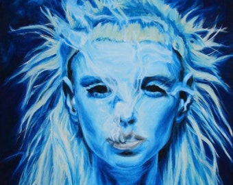 Yolandi 20x16 original oil painting, blue portrait, smoke, portraiture, die antwoord,