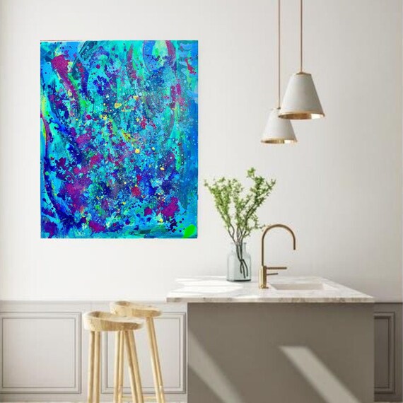 Blue and Green Splatter Painting Glitter Wall Art Mermaid Wall Art