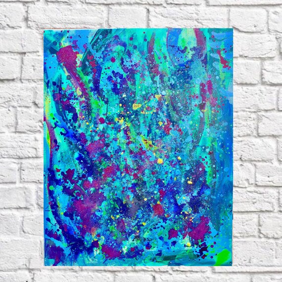 Blue and Green Splatter Painting Glitter Wall Art Mermaid Wall Art